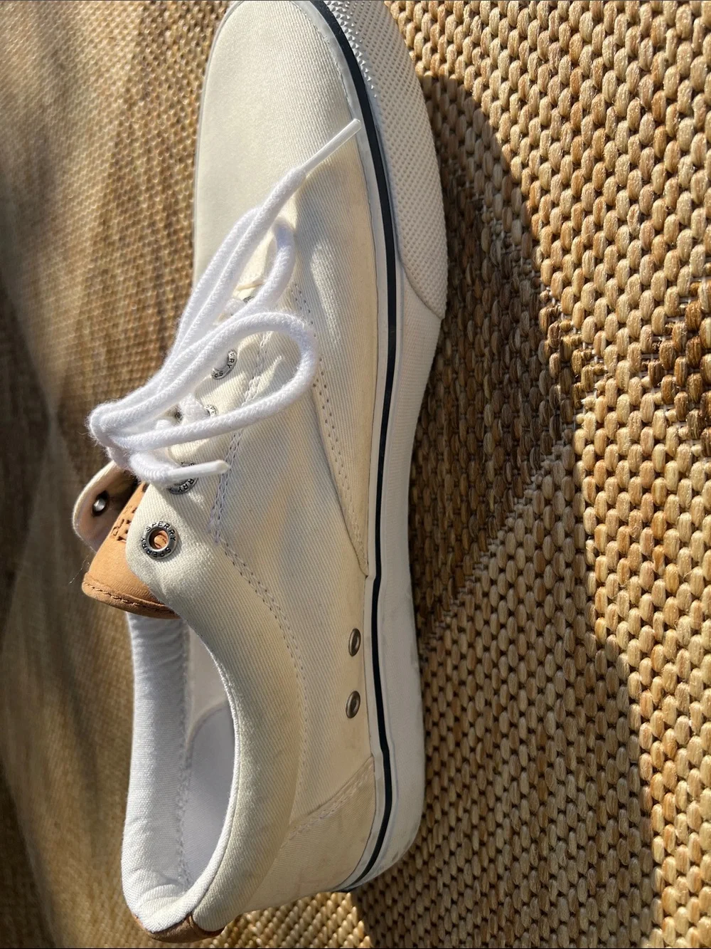 Sperry White Canvas Men's Boat Shoes with Tan Accents Size 11